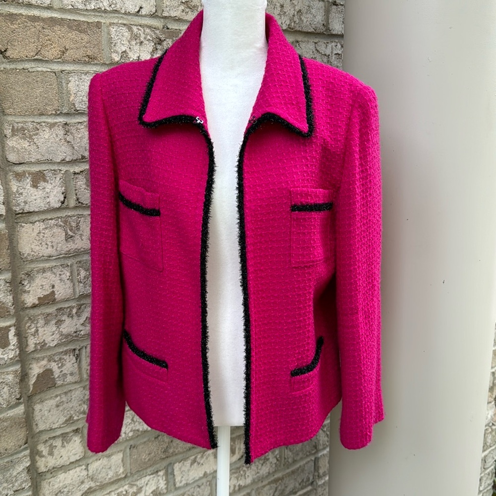 Hot Pink Bouclé Open-Front Blazer with Black Trim